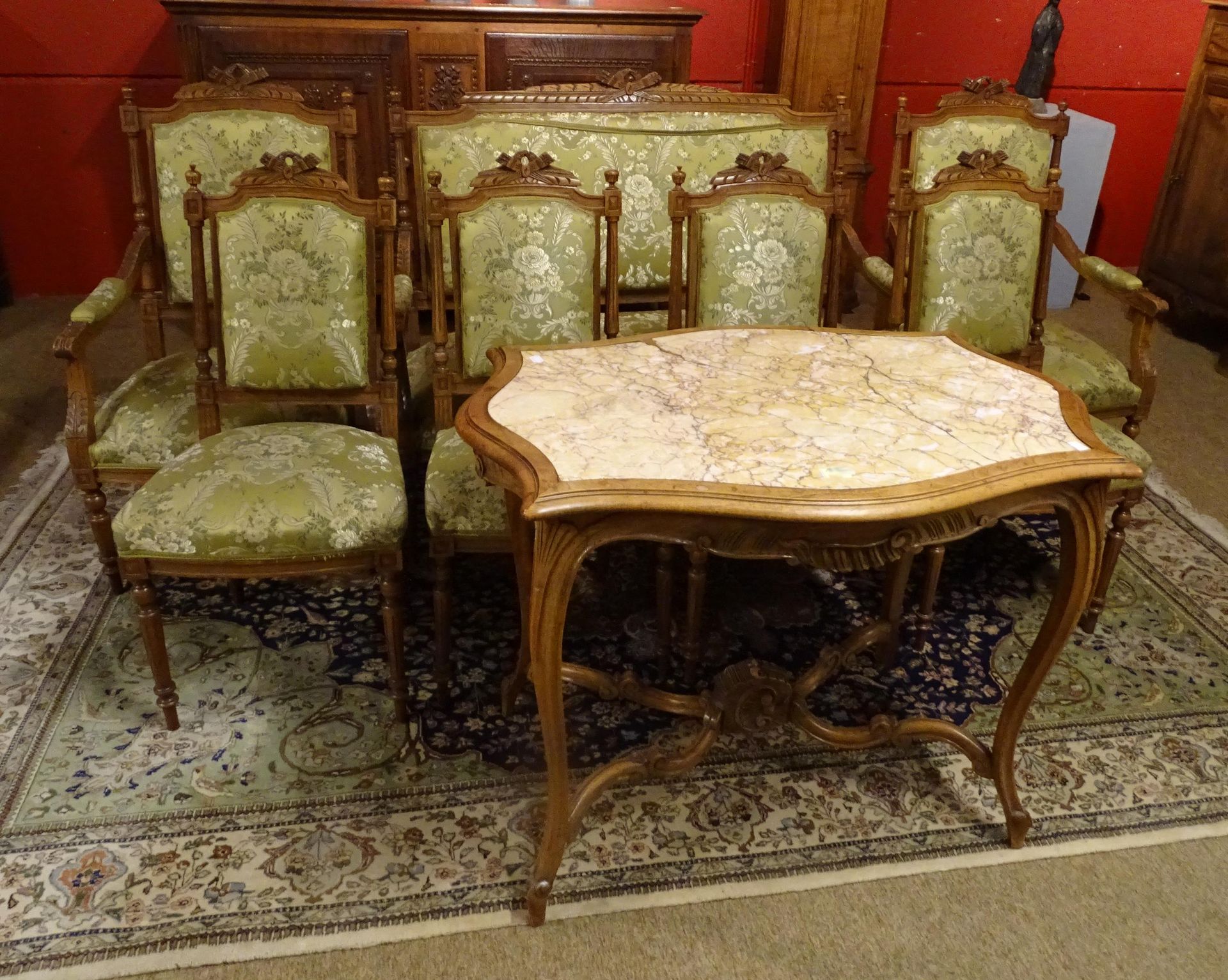 Null Meuble: salon de style Napoléon III bois sculpté tissu: canapé, 2 fauteuils&hellip;