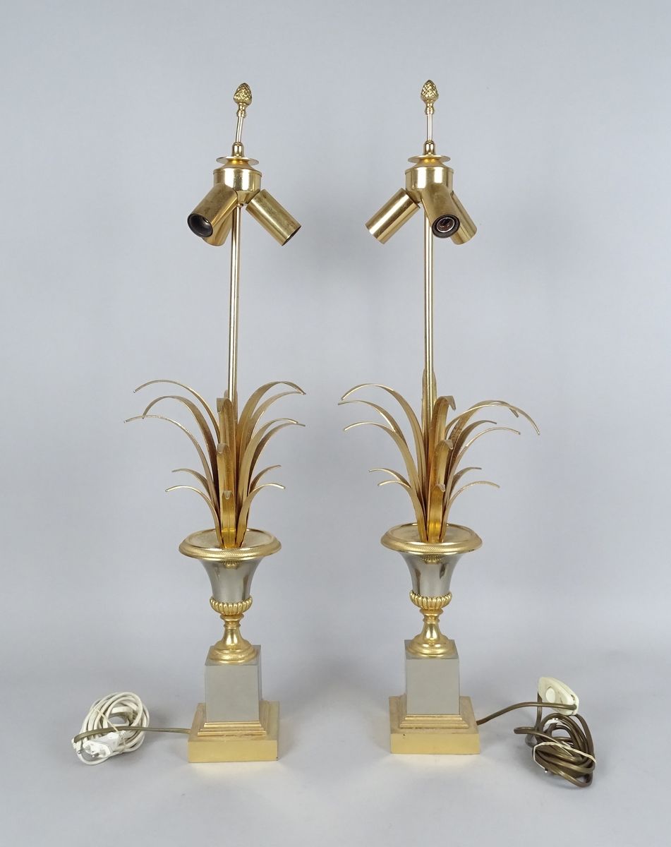 Null 照明：一对归属于布兰格的复古黄铜台灯，约1970年，棕榈叶高：73.5厘米，3盏灯
