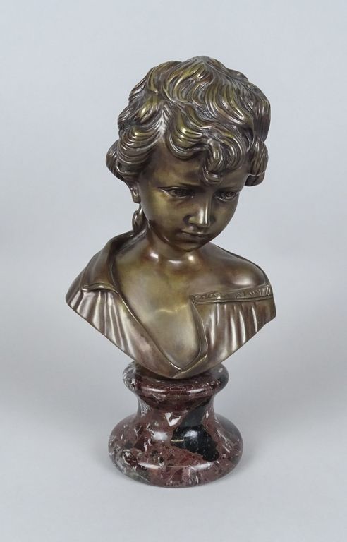 MOREAU Mathurin 雕塑：青铜-年轻男孩的半身像-仿照*MOREAU M.* (Mathurin) (1822 - 1912) 高：25厘米，大理石&hellip;
