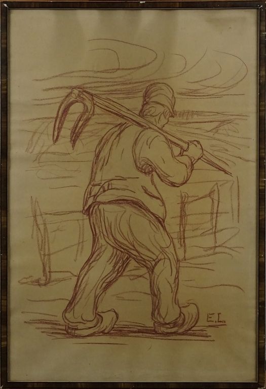 LAERMANS Eugène Painting: 2 charcoal drawings -Peasants from the back- monogramm&hellip;