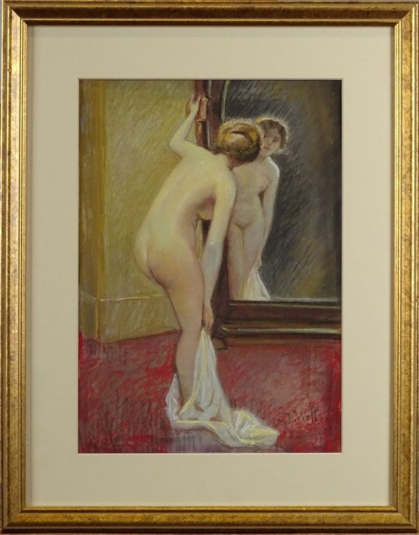 Null 纸上混合媒体粉笔画 - 镜子前的年轻裸女 - 签名：J. WELLS 34x24cm 金框 S-V