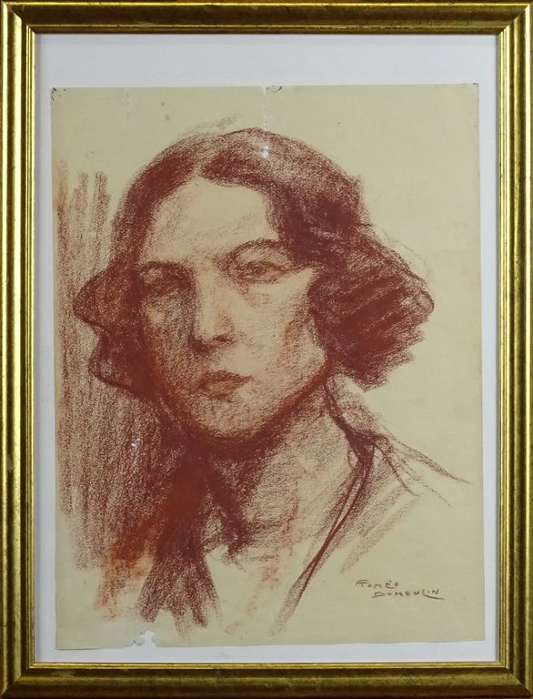 DUMOULIN Romeo 画作：纸上的红色（孔）--一个女人的肖像--署名*DUMOULIN R.* (Romeo) (1883-1944) 35x26.5&hellip;