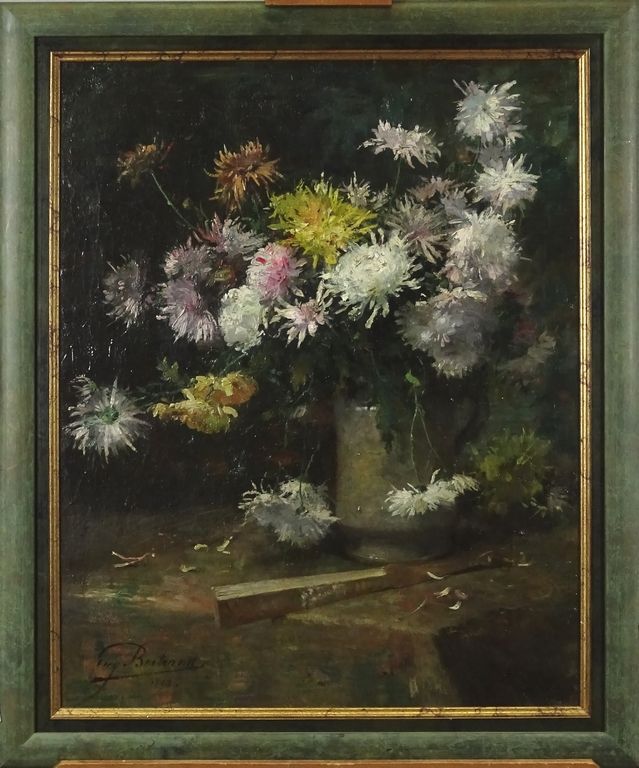BERTRAND Eugène 画作HST--花和扇子--署名*BERTRAND E.* (Eugène)(1858, 1934) 63x51cm的风格框架