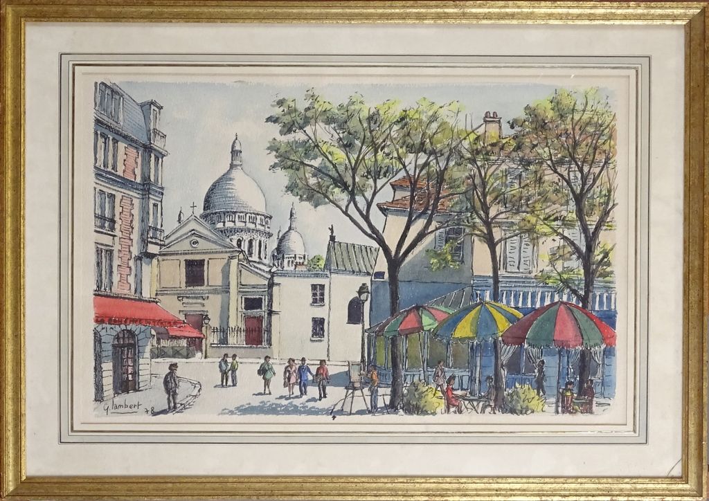 Pintura tinta/acuarela -Una plaza animada en París- 1978…