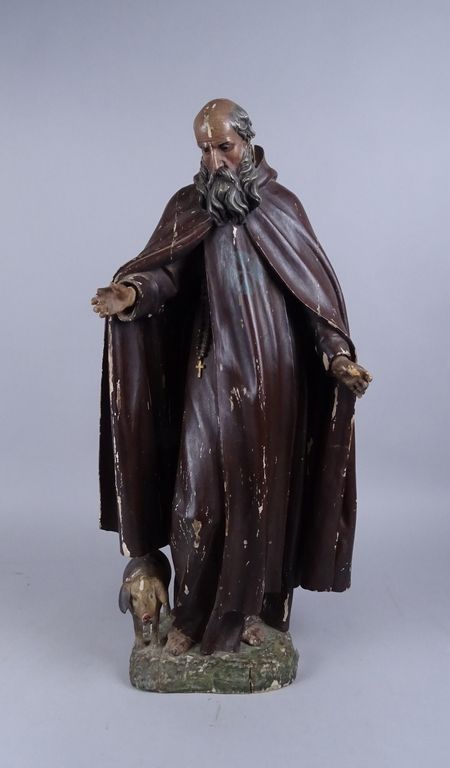 Null Sculpture religieuse en bois polychrome -Saint Antoine le Grand- avec cocho&hellip;