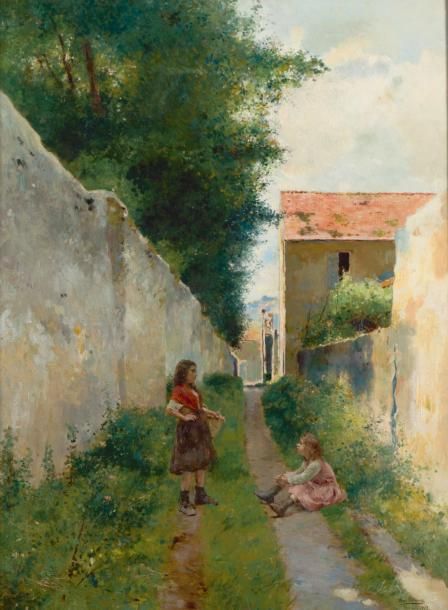 JIMENES Y ARANDA LUIS (1845-1928) Fillette jouant dans une ruelle Huile sur toil&hellip;