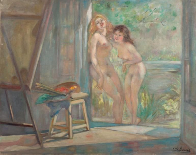 ATELIER BACCHI CESARE (1881-1971) Dans l'atelier Huile sur toile. Signée en bas &hellip;