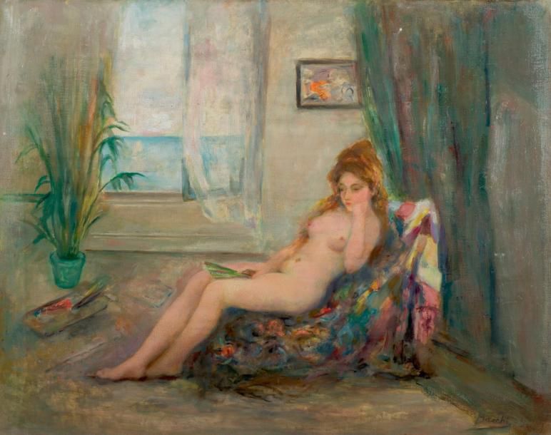 ATELIER BACCHI CESARE (1881-1971) Nu au sofa Huile sur toile. Signée en bas à dr&hellip;