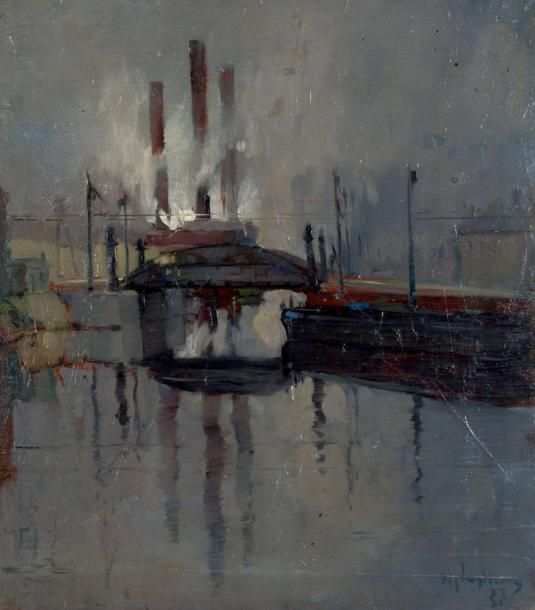 ATELIER NUYTTENS HENRI (1905-1977) Vue du port industriel de Gand Huile sur toil&hellip;