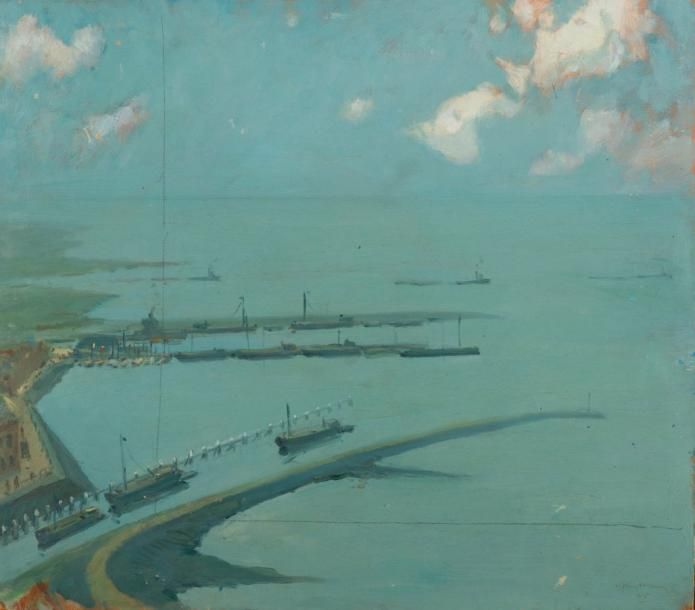 ATELIER NUYTTENS HENRI (1905-1977) Port en mer du Nord Huile sur carton. Signé e&hellip;
