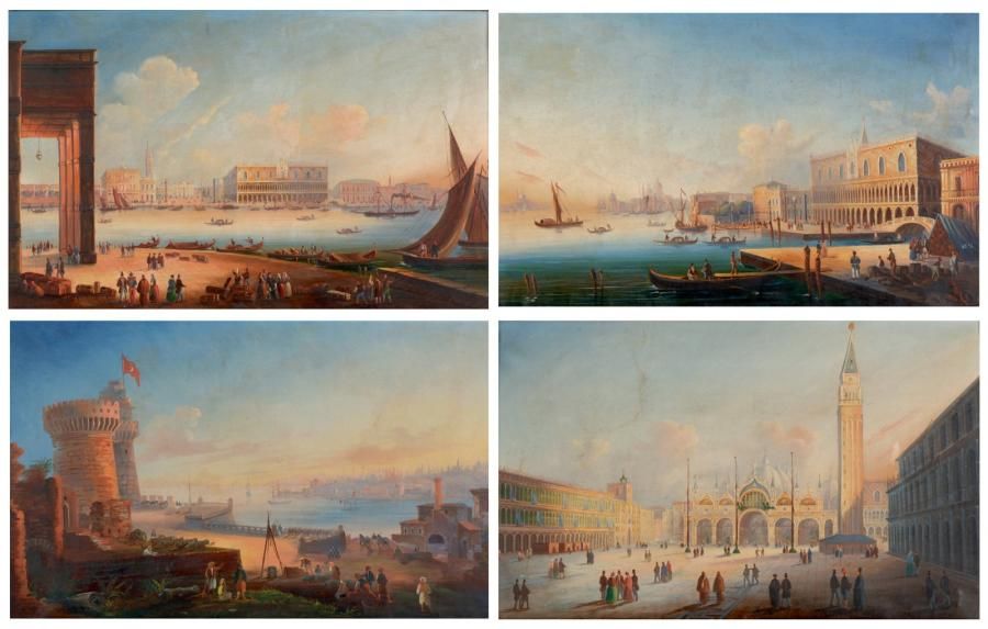 ÉCOLE ITALIENNE DE LA FIN DU XIXE SIÈCLE Vues de Venise Vue du port d'Istamboul &hellip;