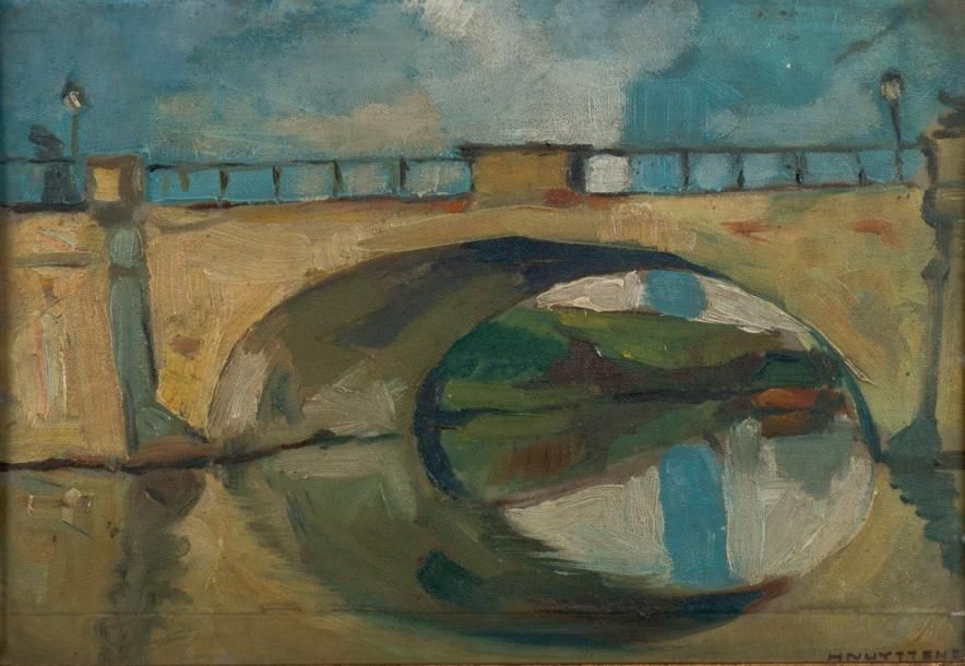 ATELIER NUYTTENS HENRI (1905-1977) Pont sur l'Escaut Huile sur carton. Signé en &hellip;