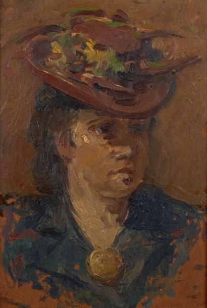 ATELIER NUYTTENS HENRI (1905-1977) Portrait d'Adrienne Berwouts au chapeau Huile&hellip;