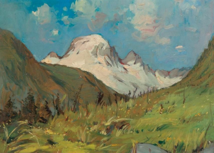 ATELIER NUYTTENS HENRI (1905-1977) Paysage du Mont-Blanc Huile sur carton. Situé&hellip;