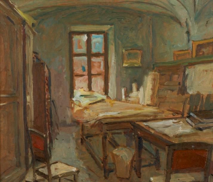 ATELIER NUYTTENS HENRI (1905-1977) Dans l'atelier Huile sur toile. 23,5 x 27 cm