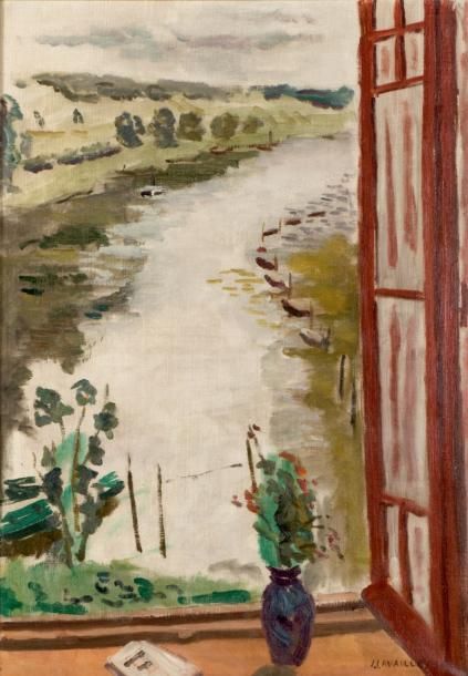 CAVAILLES JULES (1901-1977) Fenêtre ouverte sur la Seine Huile sur toile signée &hellip;