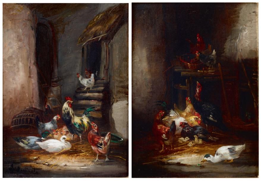GUILLEMINET CLAUDE (1821-C.1866) Scènes de basse-cour Deux huiles sur panneau fo&hellip;