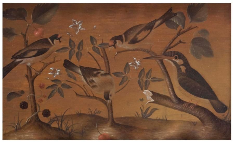 ÉCOLE ITALIENNE DU XVIIE SIÈCLE Oiseaux et fleurs Panneau 20,5 x 32,5 cm