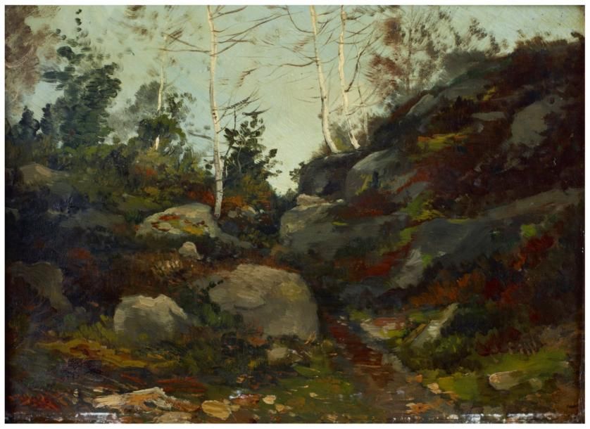 CICERI EUGÈNE (1813-1890) Rochers en forêt de Fontainebleau Huile sur panneau si&hellip;