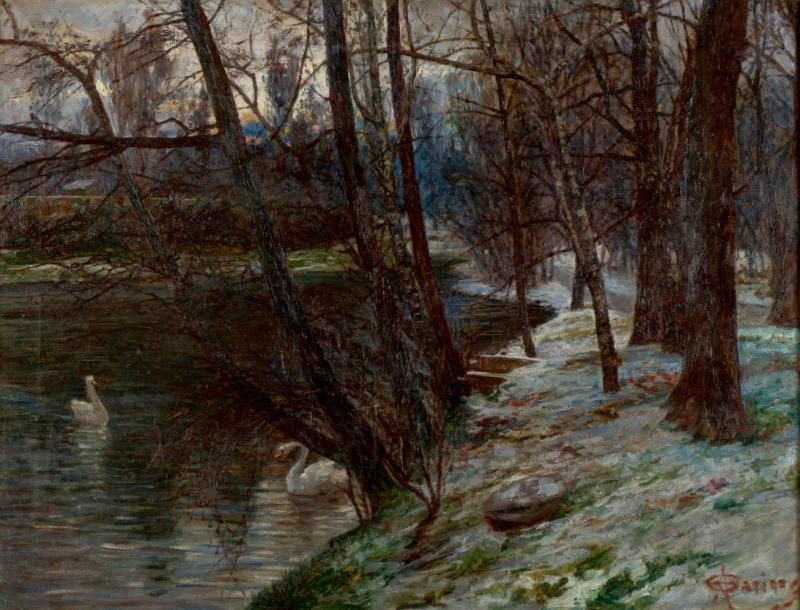 GARINO ANGELO (1860-1945) Rivière enneigée Huile sur toile signée en bas à droit&hellip;