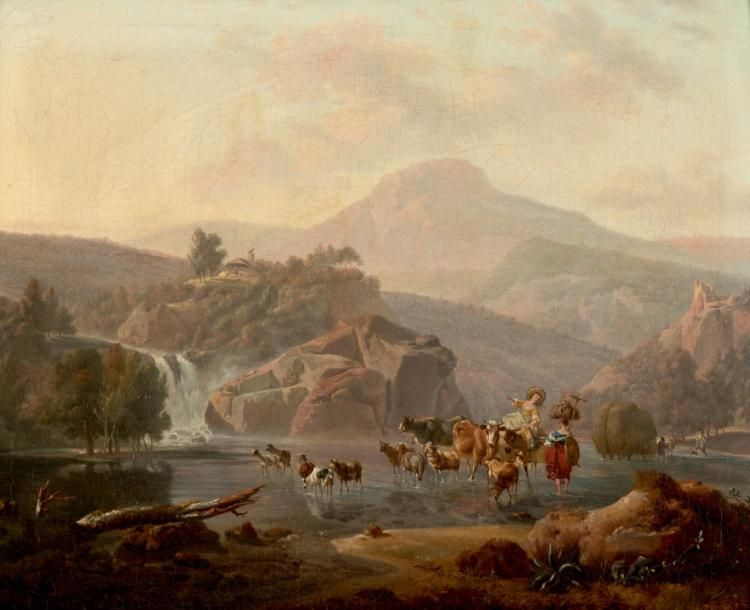 PILLEMENT JEAN (1728-1808) Bergères et troupeau près d'une cascade Toile. (écail&hellip;