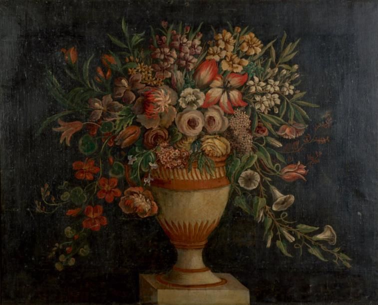 ÉCOLE ITALIENNE DU XVIIE SIÈCLE Vase de fleurs sur un entablement Toile. 84 x 10&hellip;