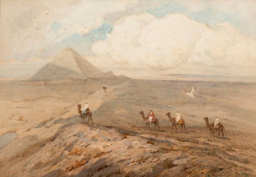 CARCANO FILIPPO (1840-1914) La caravane Aquarelle sur papier contrecollé sur pan&hellip;