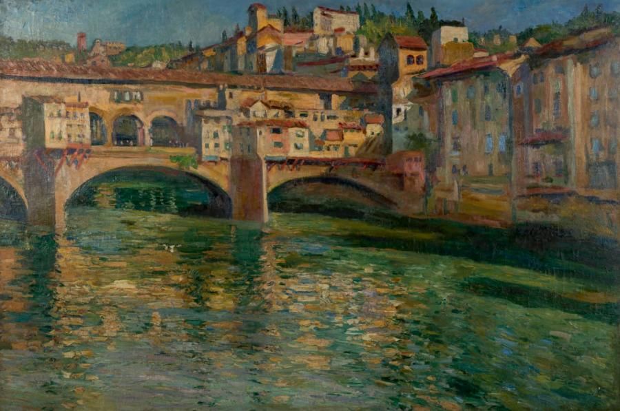 ÉCOLE FRANÇAISE DU XXE SIÈCLE Florence, le Ponte Vecchio, circa 1925 Huile sur t&hellip;