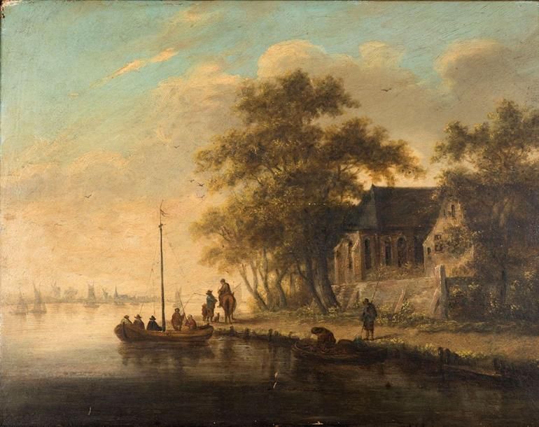 Ecole Flamande du XVIIIe siècle Le départ des pêcheurs Panneau parqueté. 50 x 64&hellip;