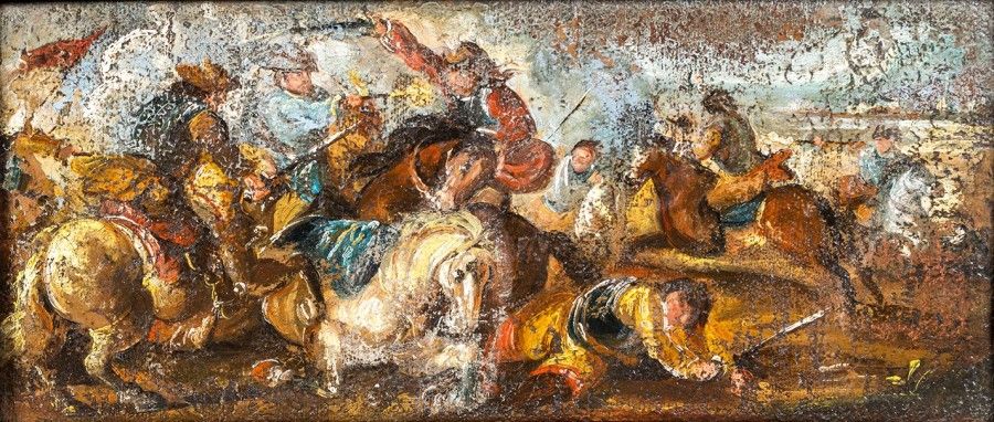 Ecole italienne du XVIIe siècle Choc de cavalerie
Fresque transposée sur toile.
&hellip;