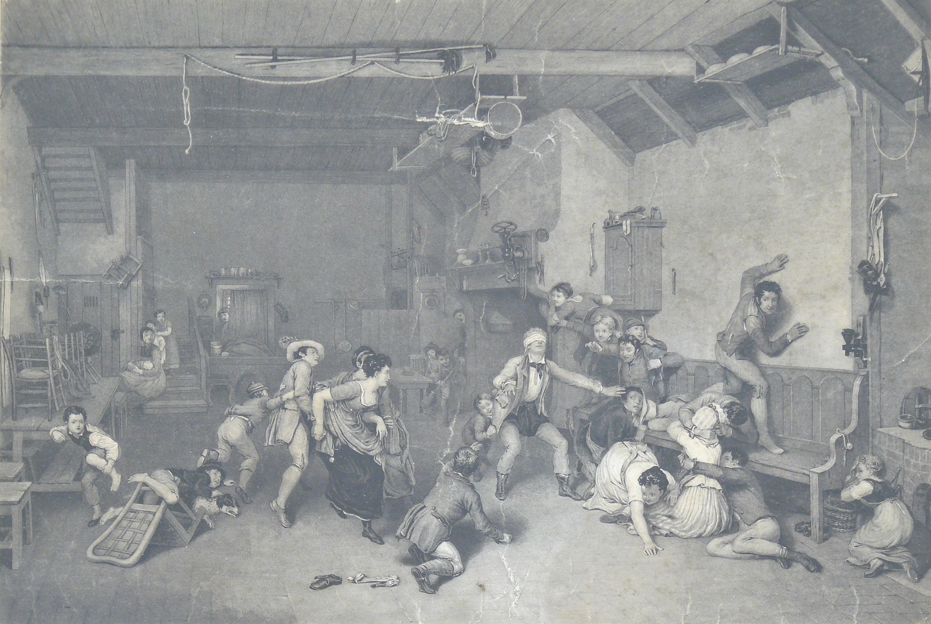 Null un ensemble de trois estampes 19ème siècle : scène d'intérieur animée, jeux&hellip;