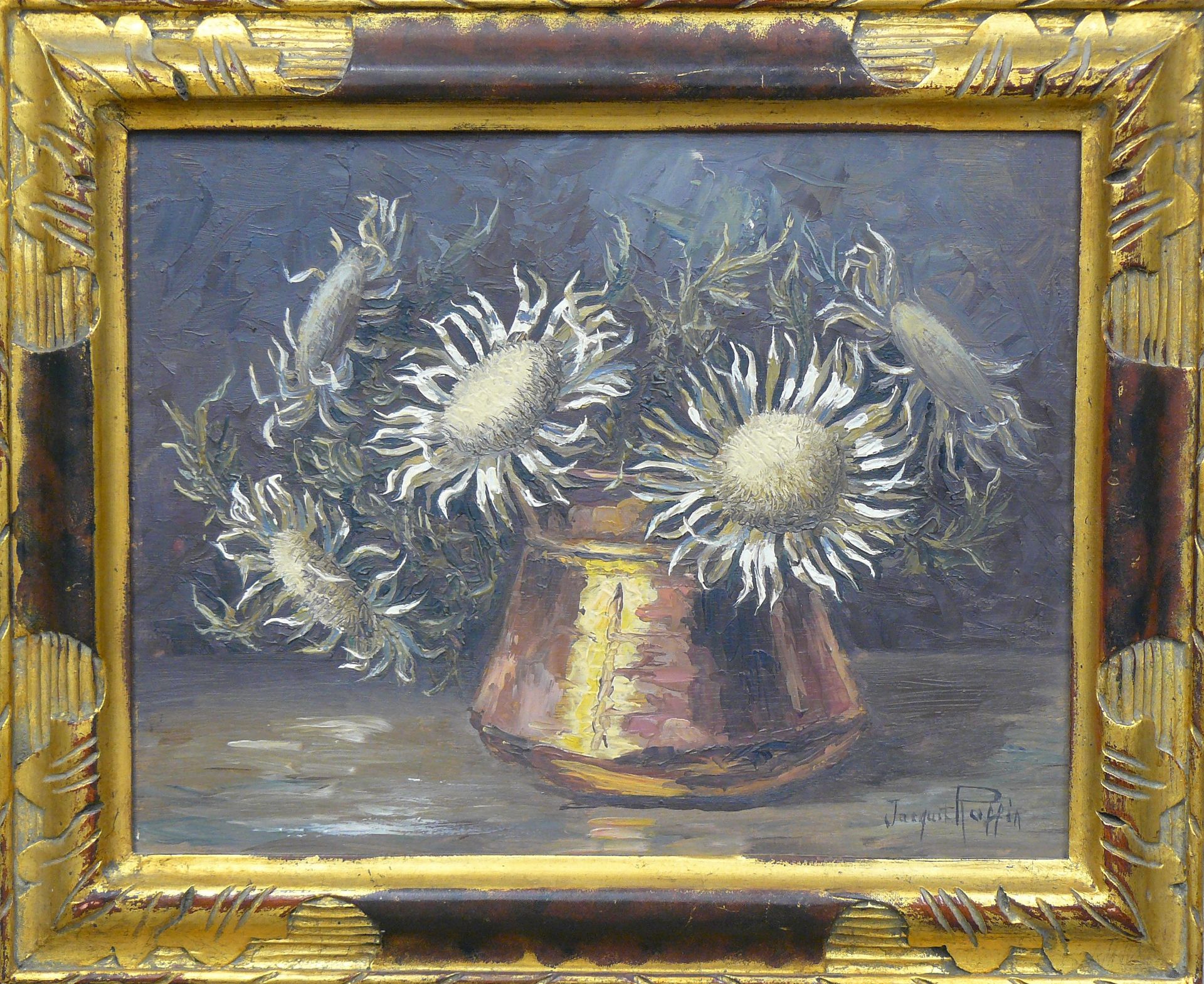 Jacques RAFFIN Jacques RAFFIN (20th): bunch of thistles in a copper, oil on pane&hellip;
