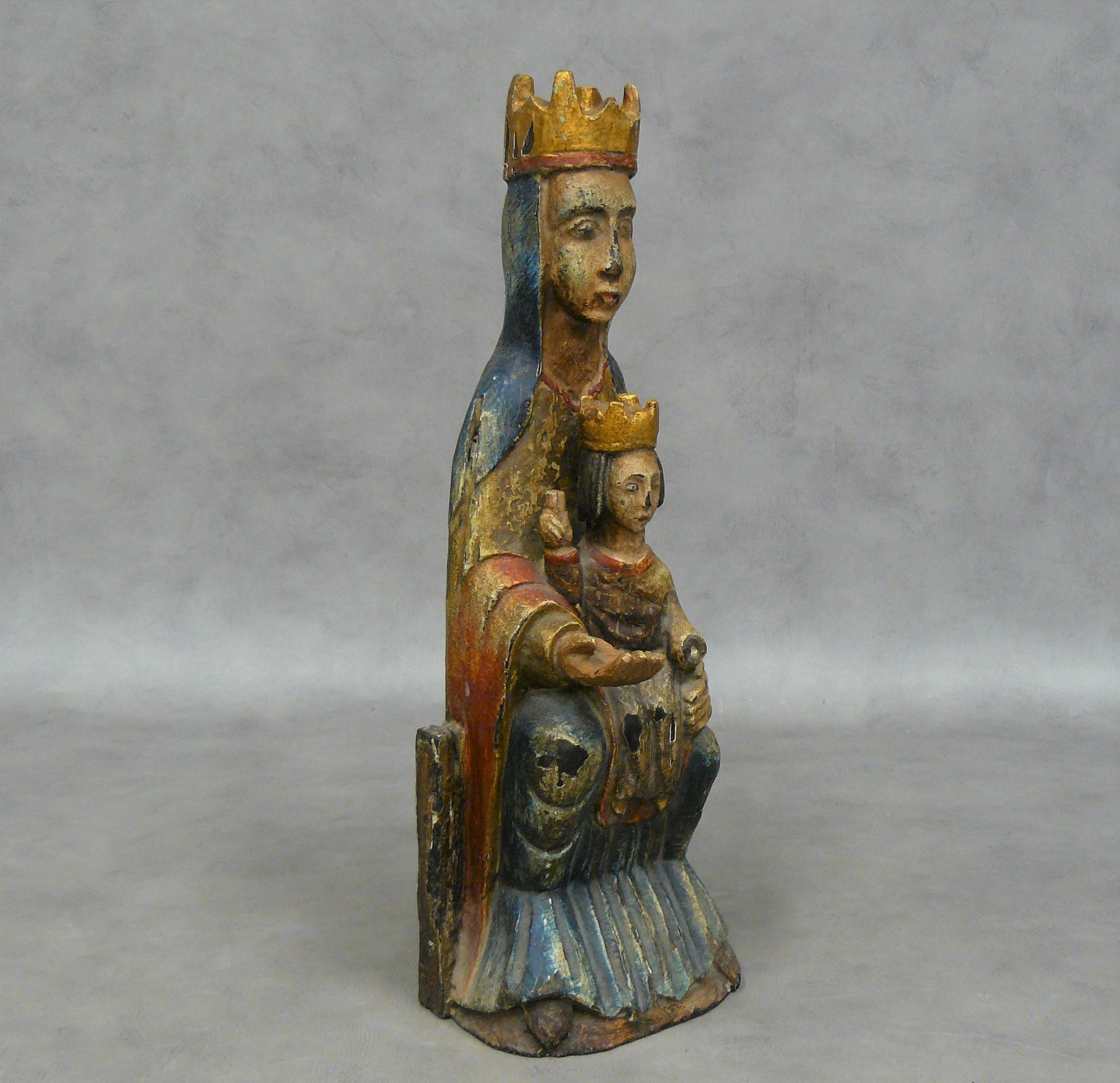 Null Vierge à l'enfant, statue en bois polychrome début 20ème - H 45,5 cm