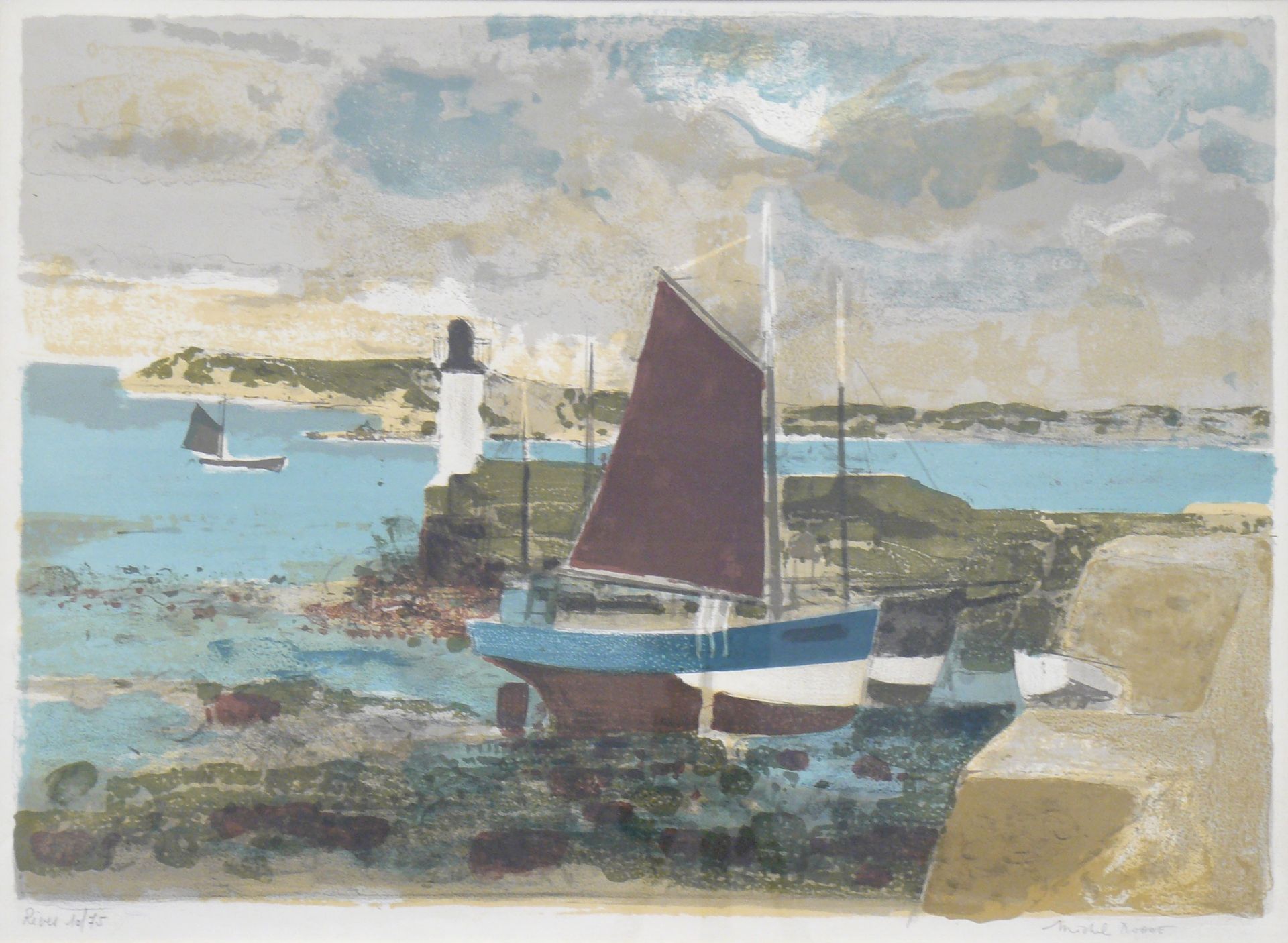 Michel RODE 米歇尔-罗德（1913-2009）：岸上的小船，彩色平版印刷，有签名，编号10/75