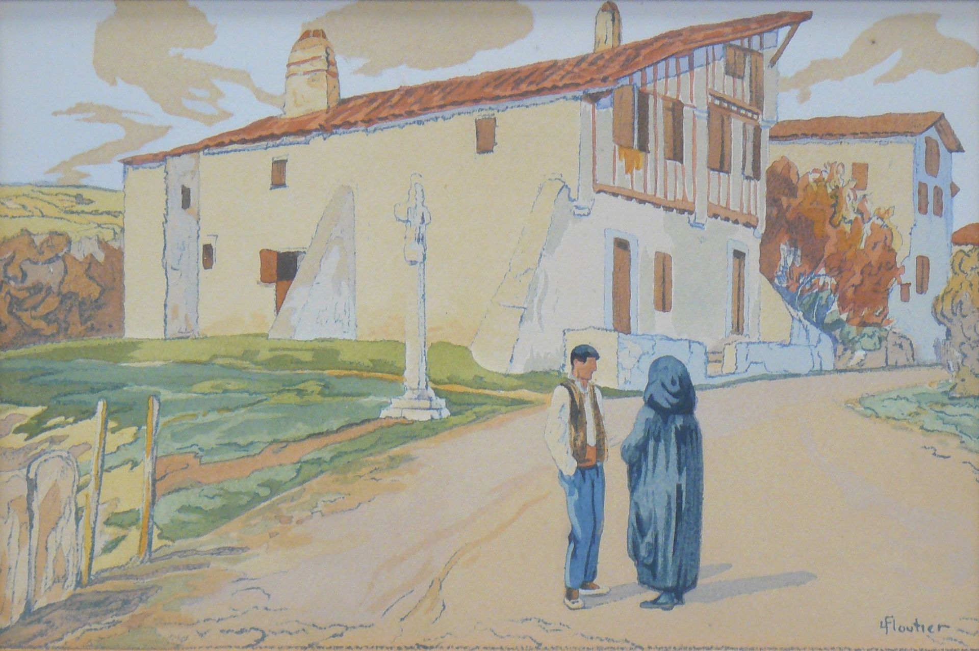 Louis FLOUTIER Louis FLOUTIER (1882-1936)：两幅版画，动画村庄的街道，版上有签名 - 18 x 27 cm