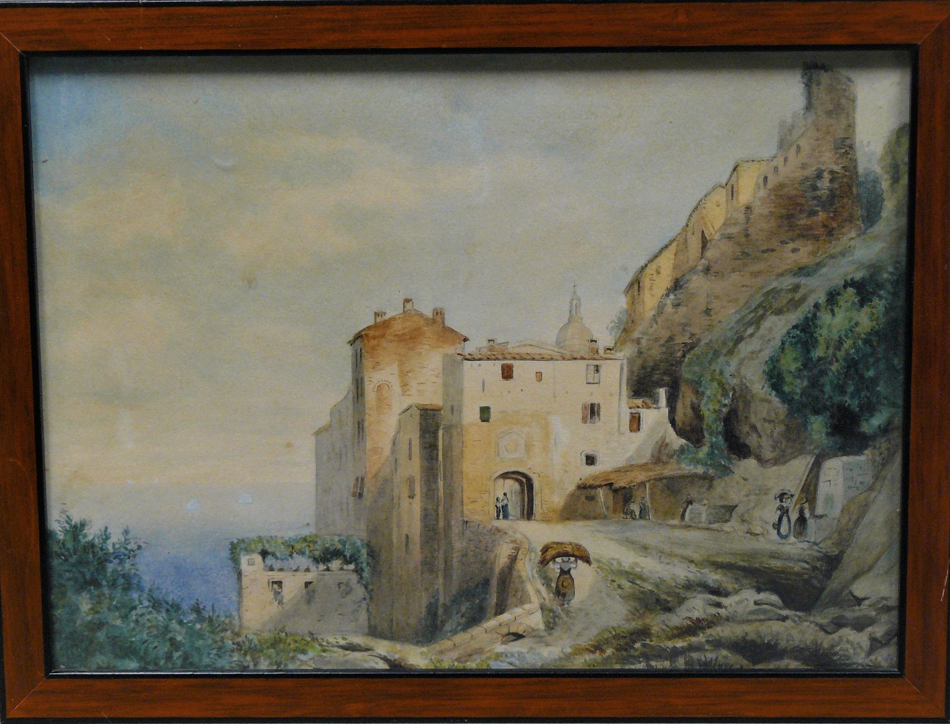 Null Ecole du 19ème : village animé à flanc de montagne, aquarelle - 23 x 31,5 c&hellip;
