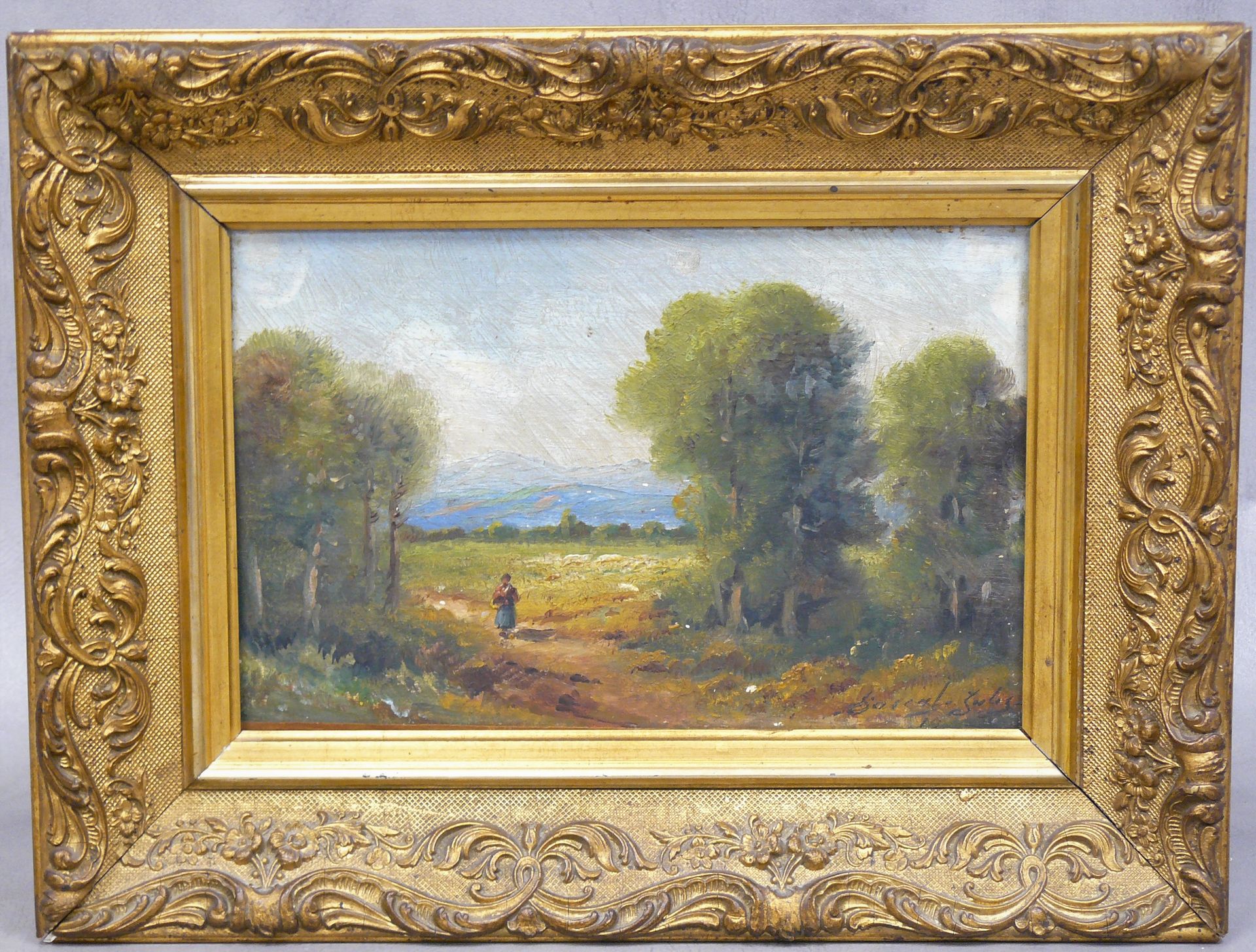 Jules PASCAL 儒勒-帕斯卡尔（巴比松画派）：动画风景 1914年，油画板 - 16,5 x 25厘米