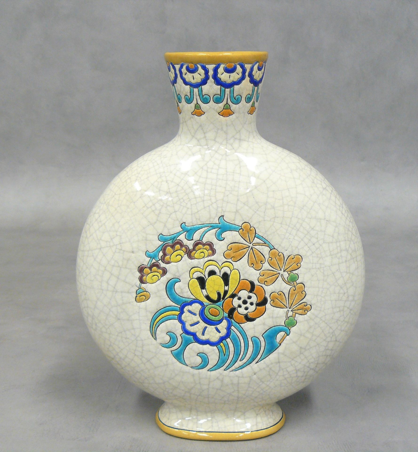 LONGWY LONGWY : vase with flattened body, enamelled on a white cracked backgroun&hellip;
