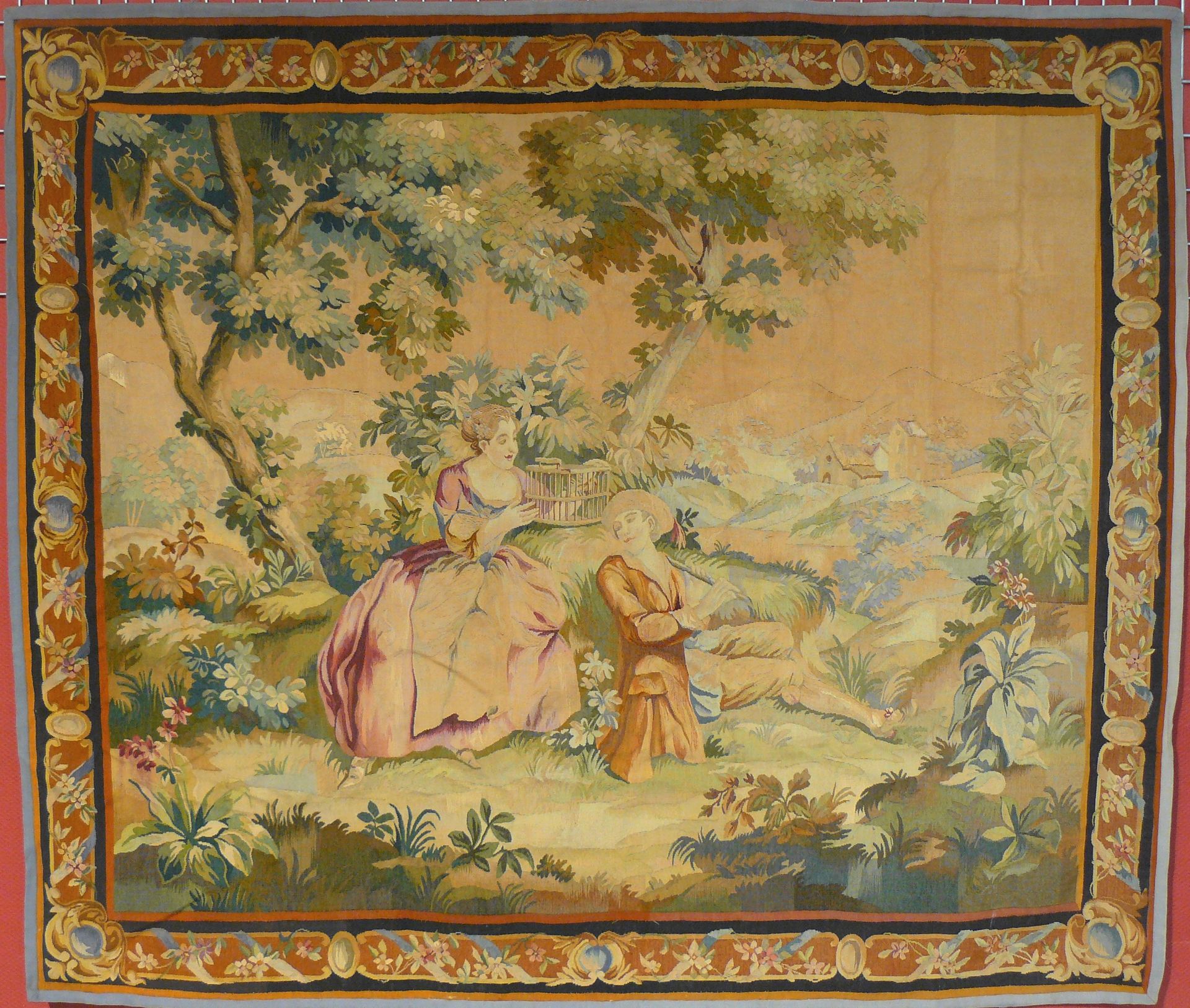 AUBUSSON 19世纪末、20世纪初的奥布松挂毯，带鸟笼的英勇场景 - 186 x 217 cm