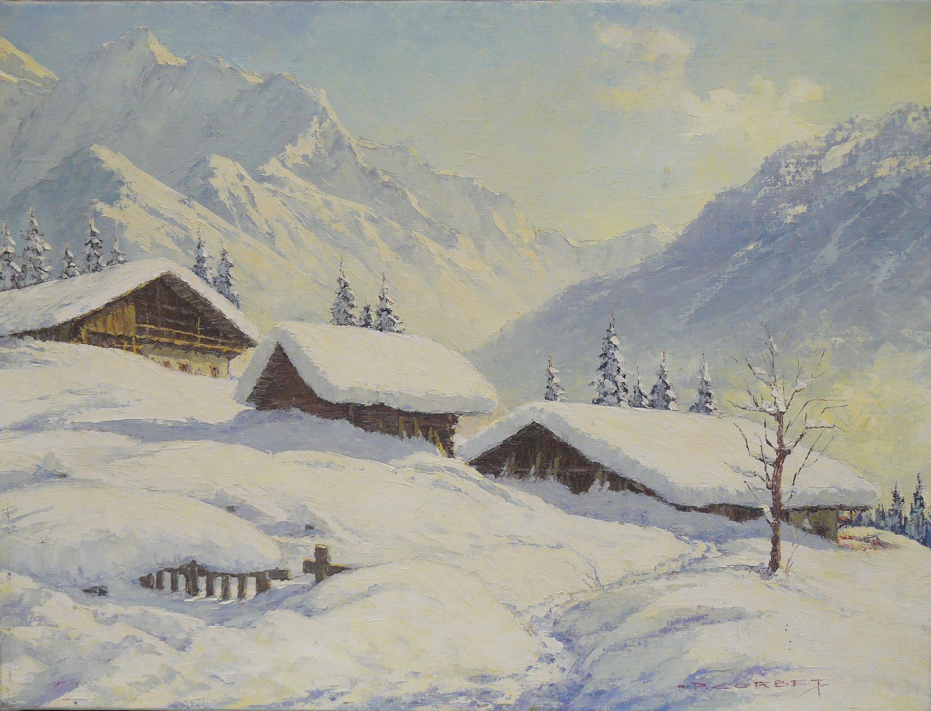 Paul CORBET Paul CORBET (1920-2005): 雪下的阿尔卑斯山小屋和勃朗峰 布面油画，右下角有签名（无框） - 46 x 61 cm