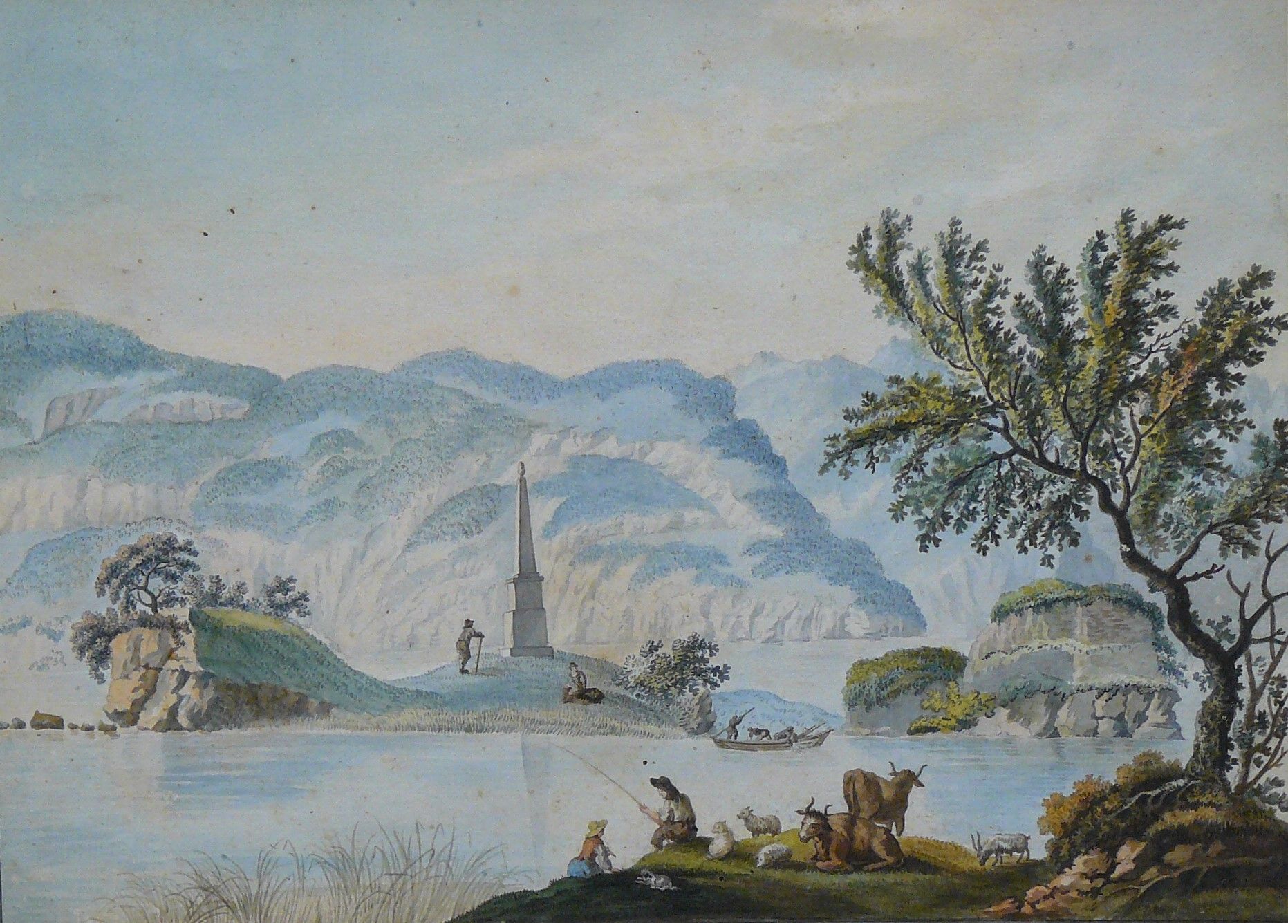 Null Ecole suisse du 18ème siècle : paysage animé de bord de rivière au pêcheur &hellip;