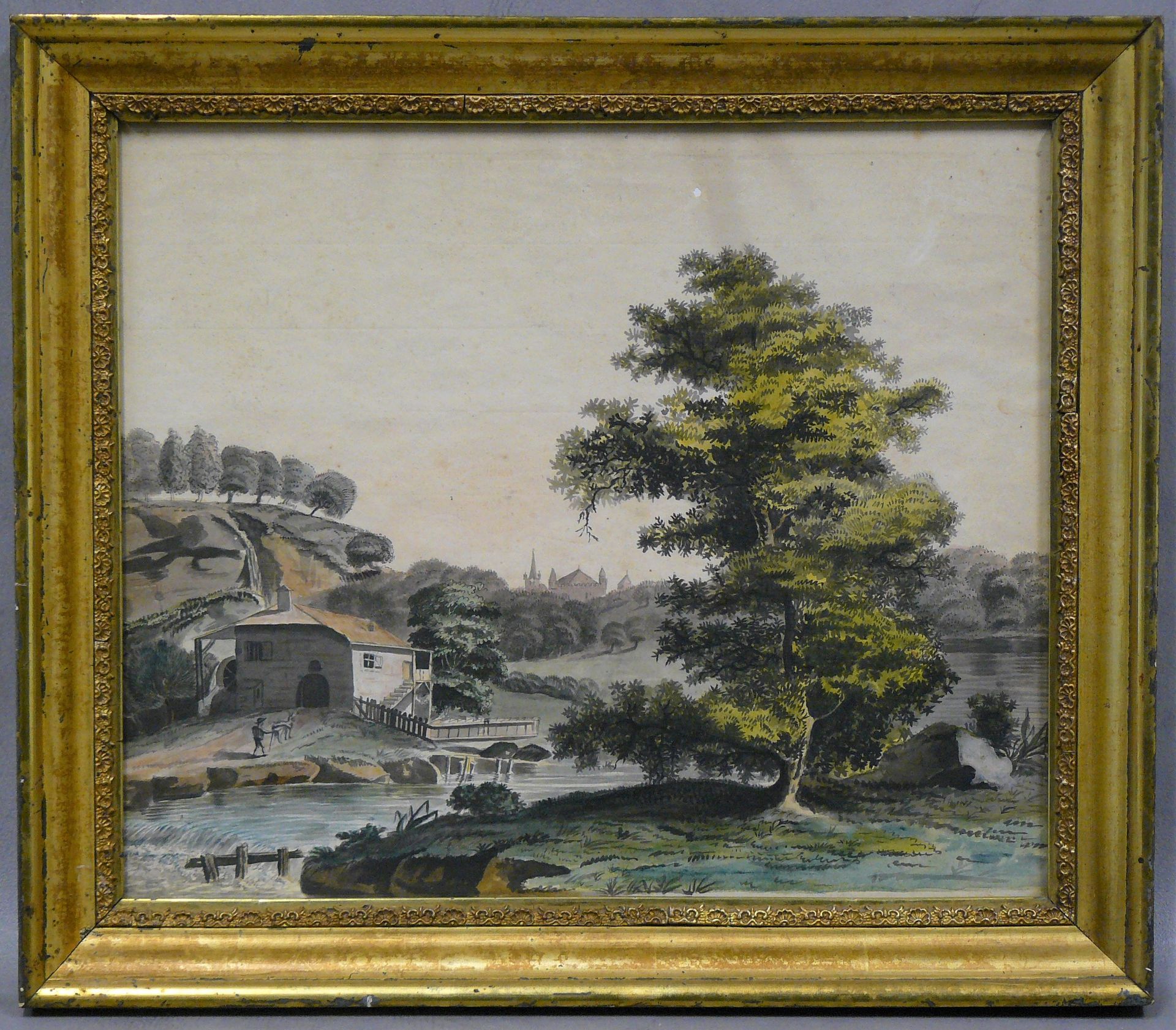Null Ecole suisse du 18ème siècle : bord de rivière animé au moulin, aquarelle -&hellip;