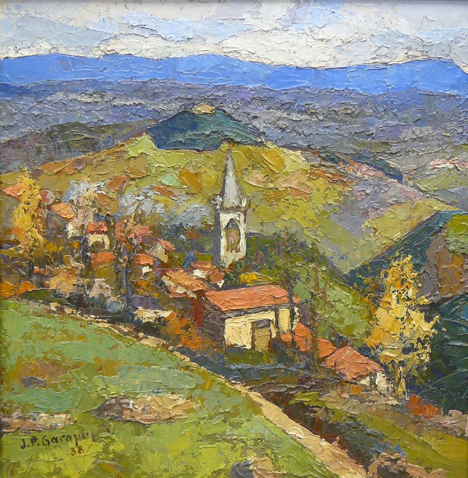 Jean Pierre GARAPIN 让-皮埃尔-加拉潘（20世纪）：山坡上有教堂的风景 1938年，油画板，左下角有签名和日期--37 x 36厘米，背面是&hellip;