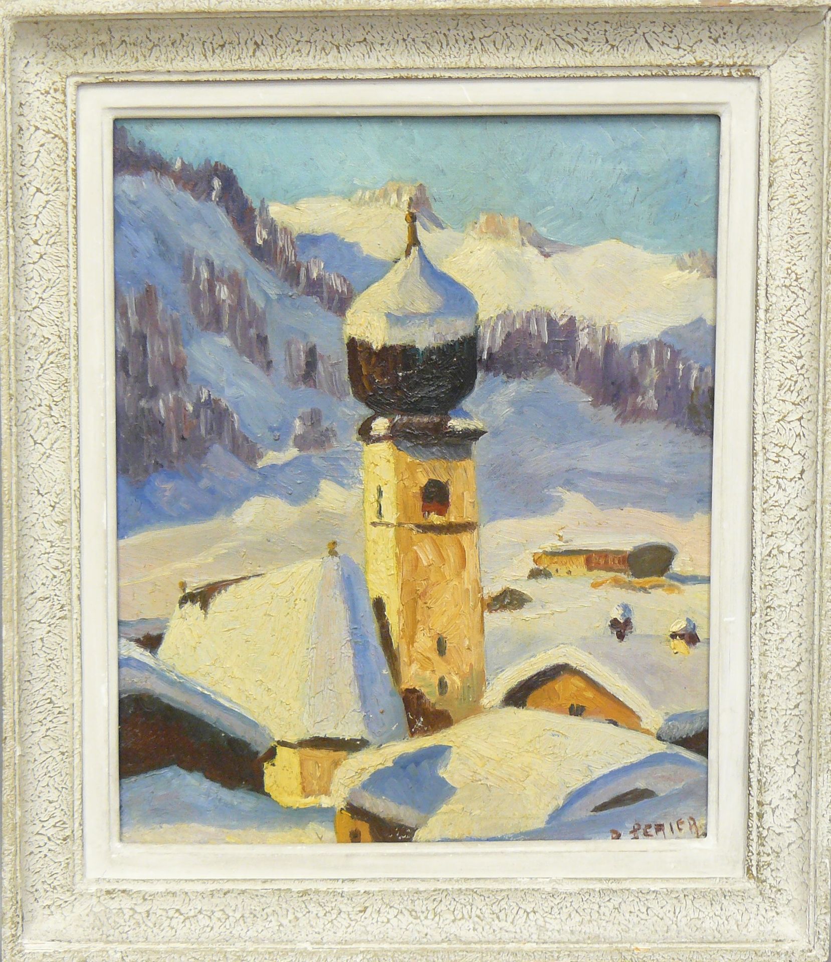 P. PERIER P.佩里尔（20世纪中叶）：雪下的山地教堂，布面油画，右下角签名 - 46 x 38 cm