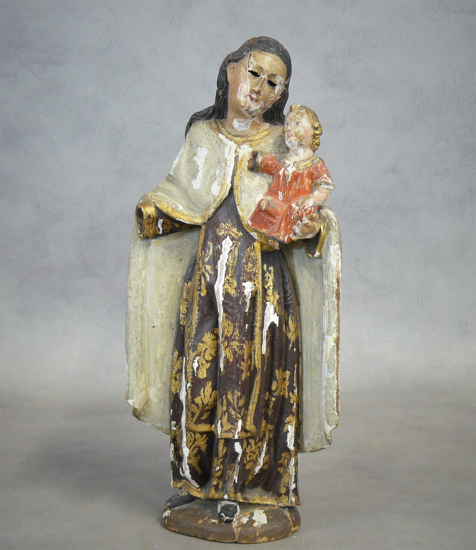 Null 圣母左臂抱着孩子的多色金雕木雕（事故和缺失部分） 19世纪-高29厘米