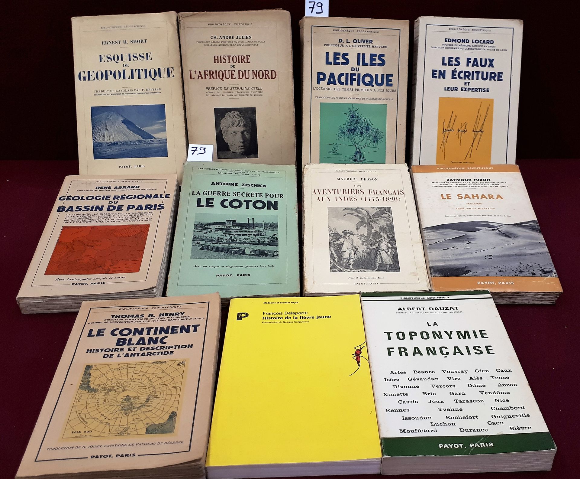 DIVERS 一套11本不同主题的书籍，非洲，太平洋，巴黎，Faux en écriture，Payot收藏，包括：法国在印度的冒险家