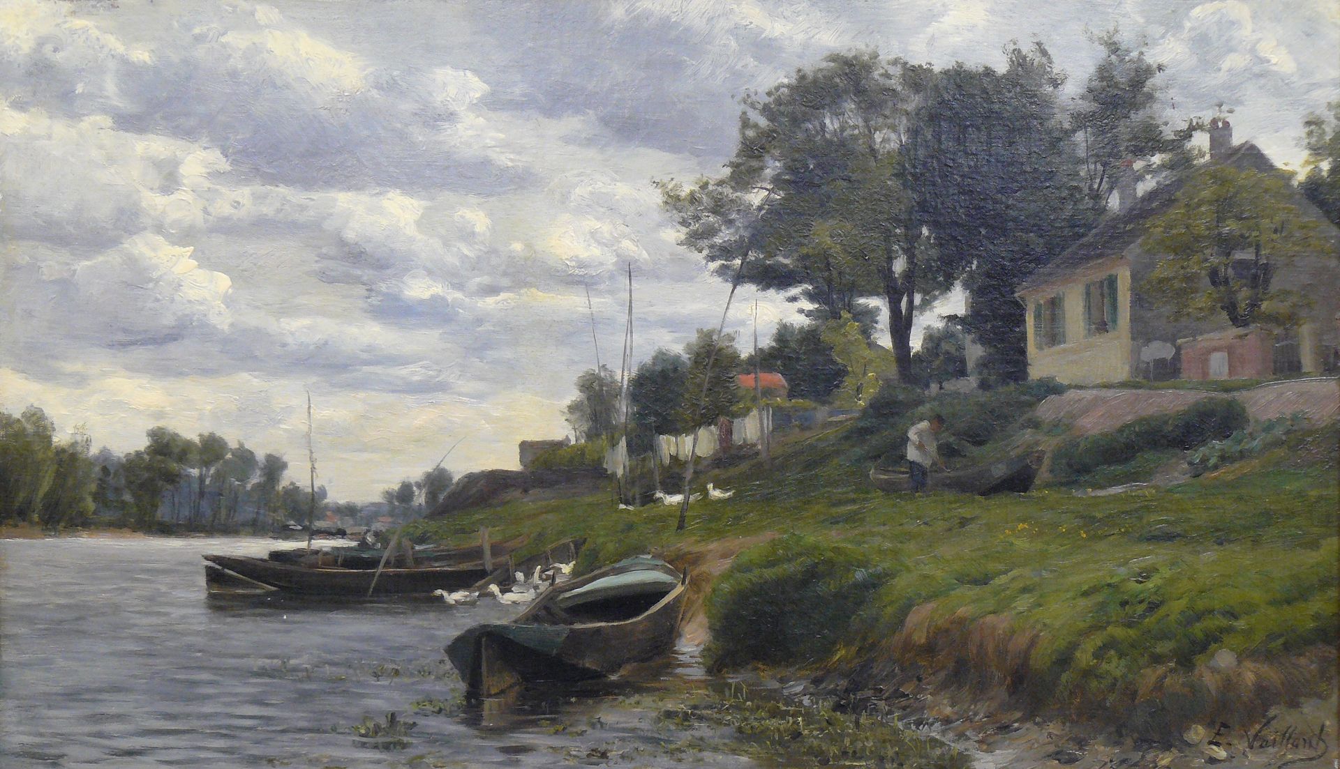 Null 
19世纪法国学校：（E. Vaillan(t?):塞纳河在Cricquebœuf，河边的动画景观，布面油画，右下角签名，位于画框背面 - 36 x &hellip;