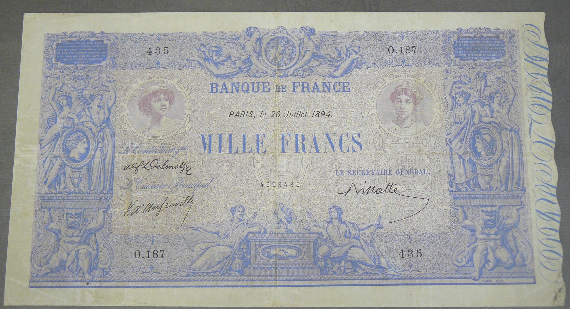 Null 1000法郎（蓝色和粉红色） - 型号1889 - Fayette 36 (6) - 1894年7月26日 - 字母187 O - 注释号435 - &hellip;