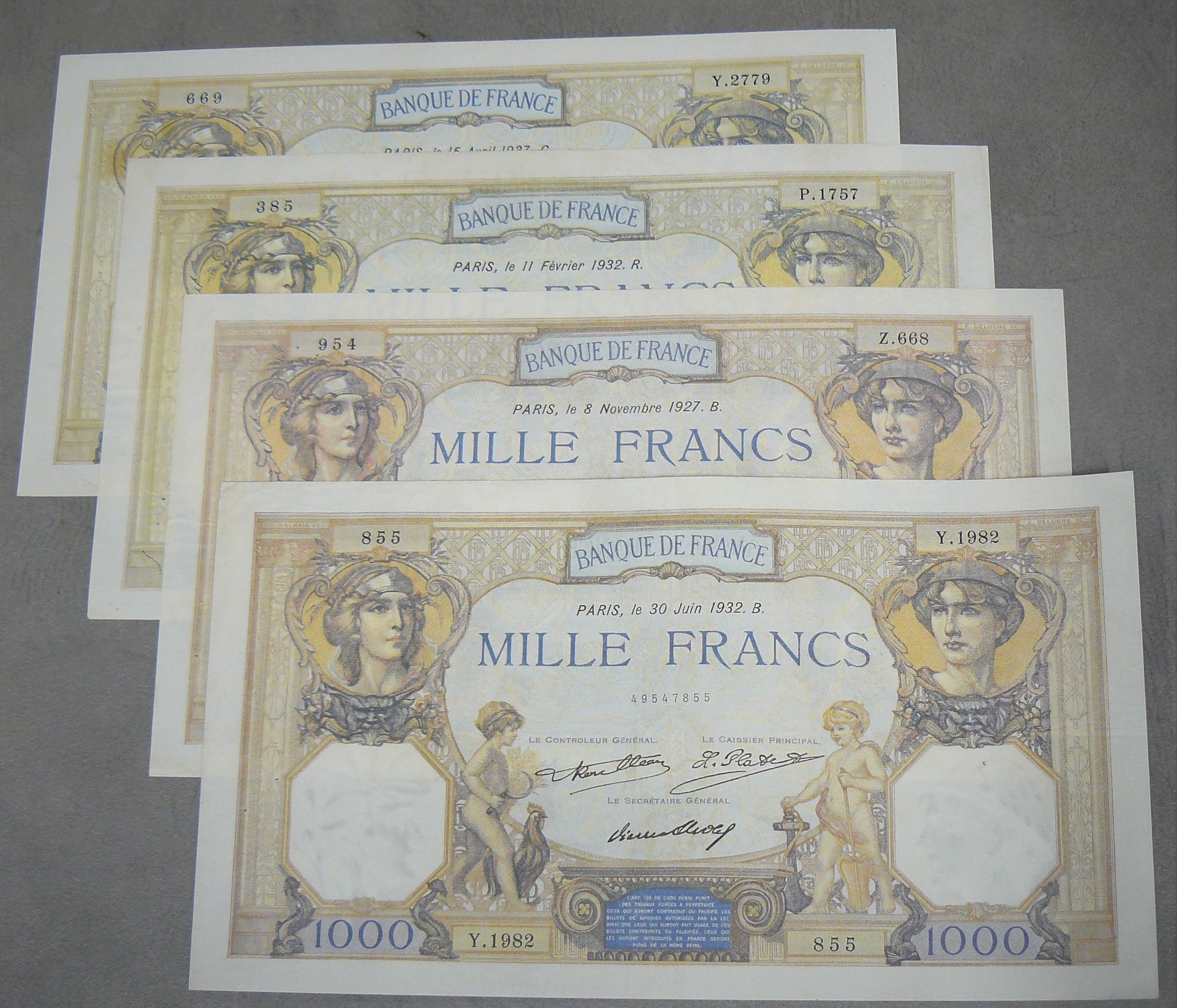 Null 1000法郎（CERES ET MERCURE） - 1927年型 - Fayette 37 - 一共4张纸币 - 字母668 Z, 1757 P, &hellip;