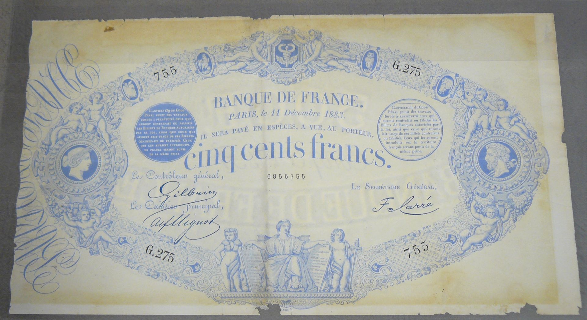 Null 500法郎 - 1863型 "黑色索引 "修改 - Fayette A49 (2) - 1883年12月11日 - 字母表275 G - 注释号755&hellip;